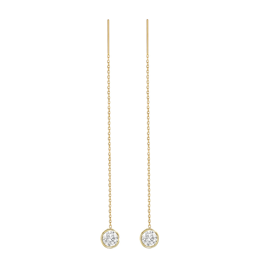 14K Yellow Gold Natural Diamond Bezel Cable Chain Adjustable Long Threader Earrings