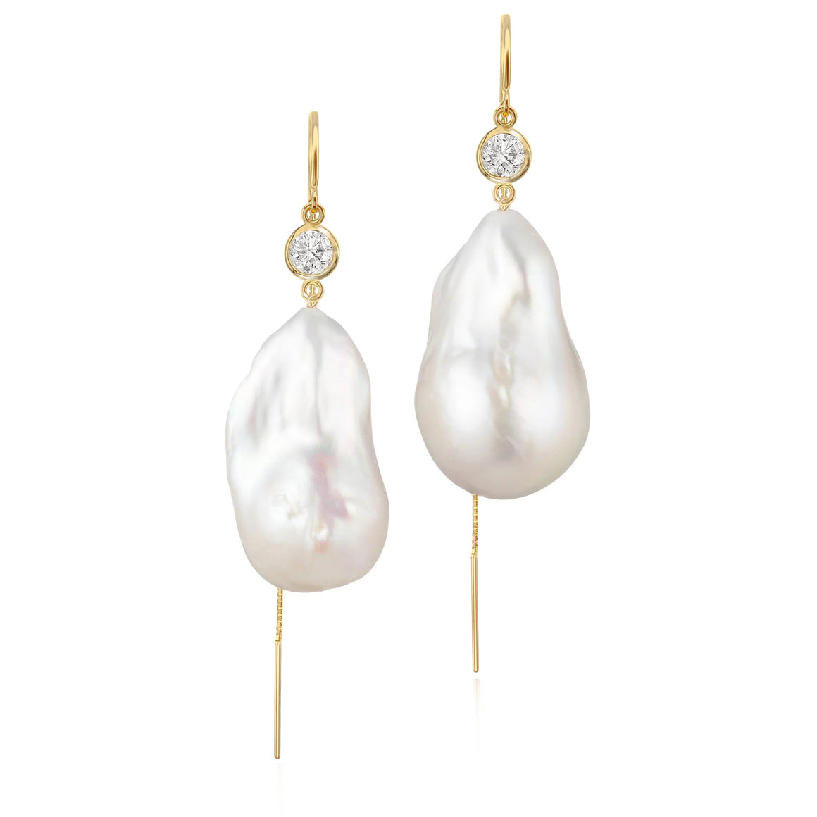 Lab-Grown Diamond And Large Baroque Freshwater Pearl Drop Threader Earrings In 14K Yellow Gold