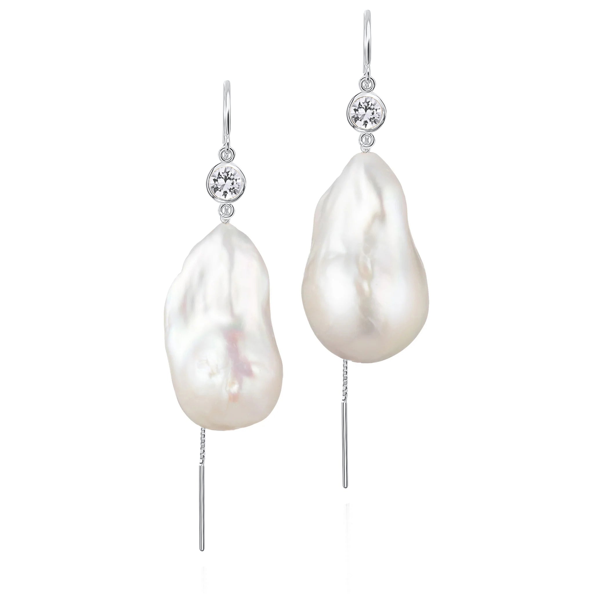 White Sapphire And Large Baroque Freshwater Pearl Drop Threader Earrings In 14K White Gold | Sterling Silver