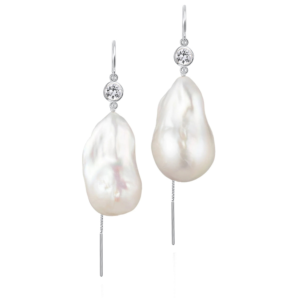 White Sapphire And Large Baroque Freshwater Pearl Drop Threader Earrings In 14K White Gold | Sterling Silver