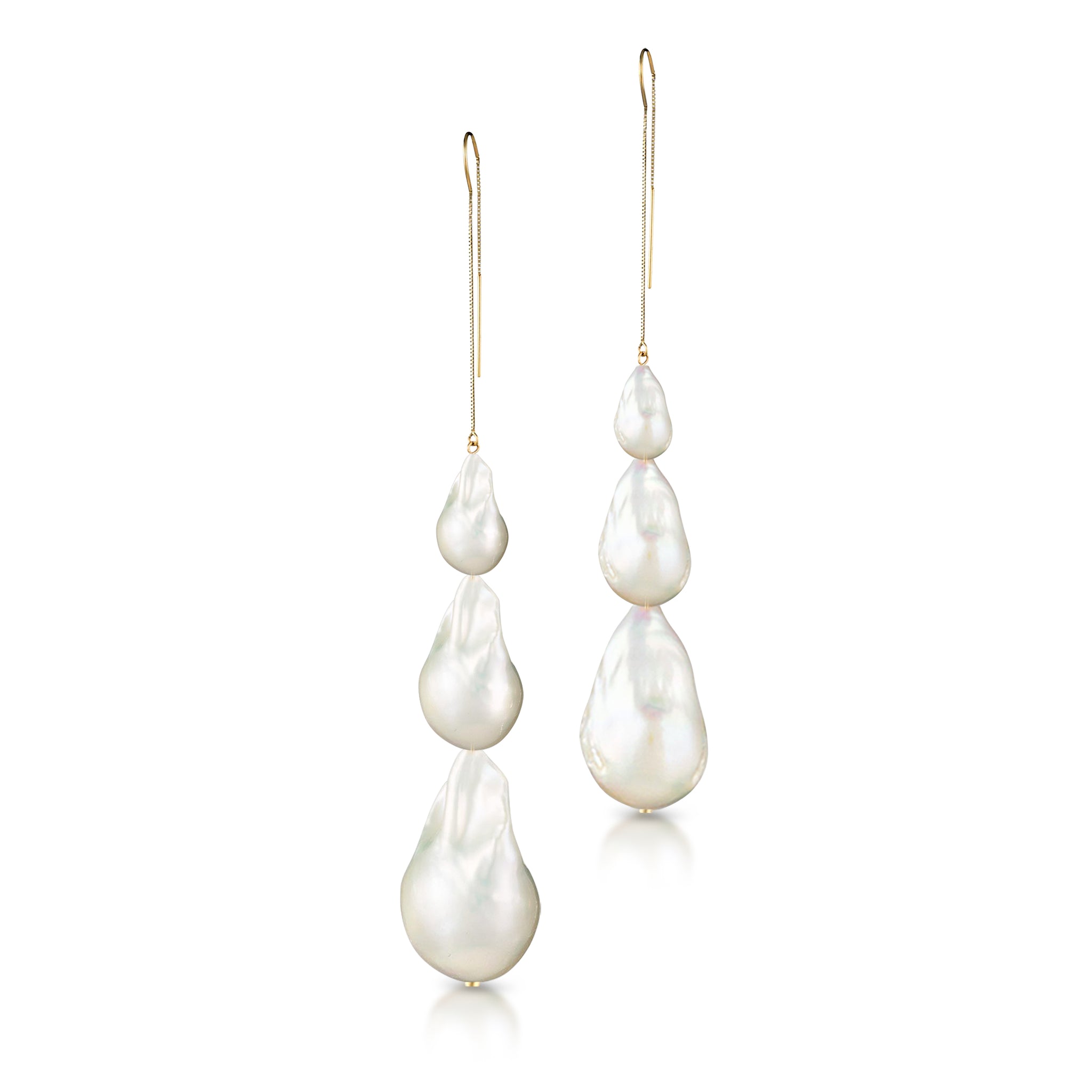 Solid 14 Karat Yellow Gold Triple Baroque Freshwater Pearl Cascade Threader Earrings
