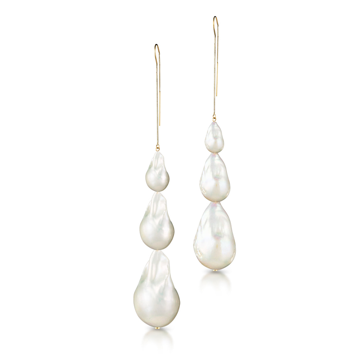 Solid 14 Karat Yellow Gold Triple Baroque Freshwater Pearl Cascade Threader Earrings