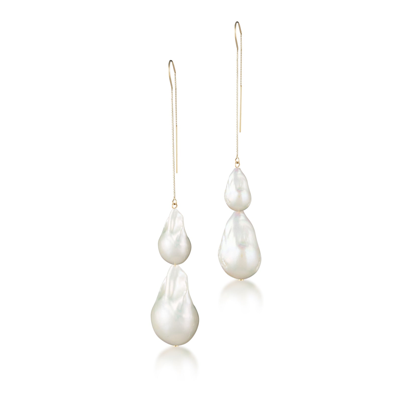 Solid 14 Karat Yellow Gold Double Baroque Freshwater Pearl Graduated Cascade Threader Earrings