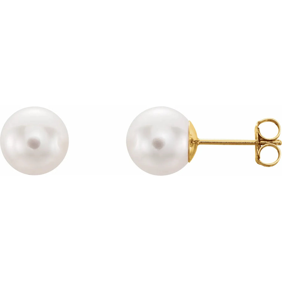 14K Yellow Gold 8mm Cultured White Akoya Pearl Stud Earrings
