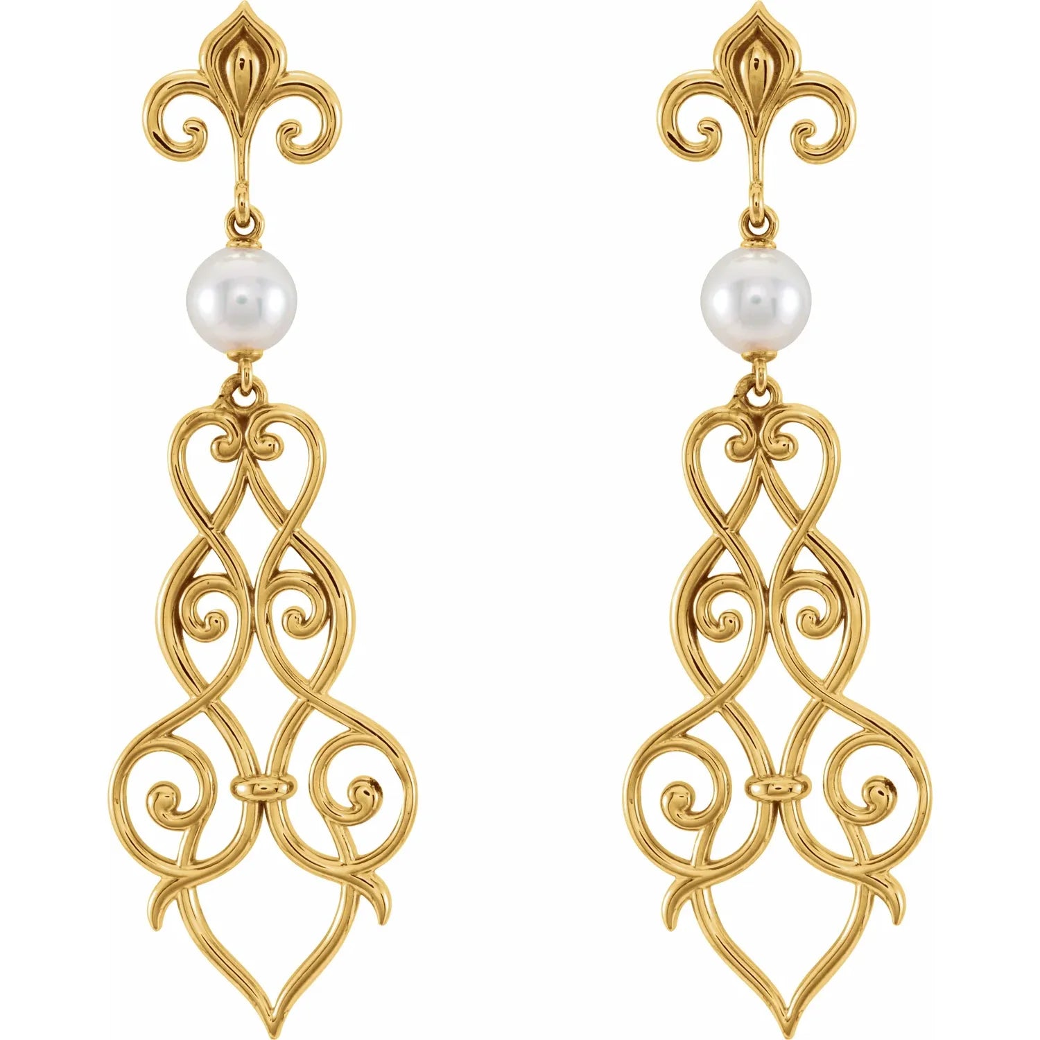 Fleur-De-Lis White Akoya Pearl Dangle Earrings In 14K Yellow Gold