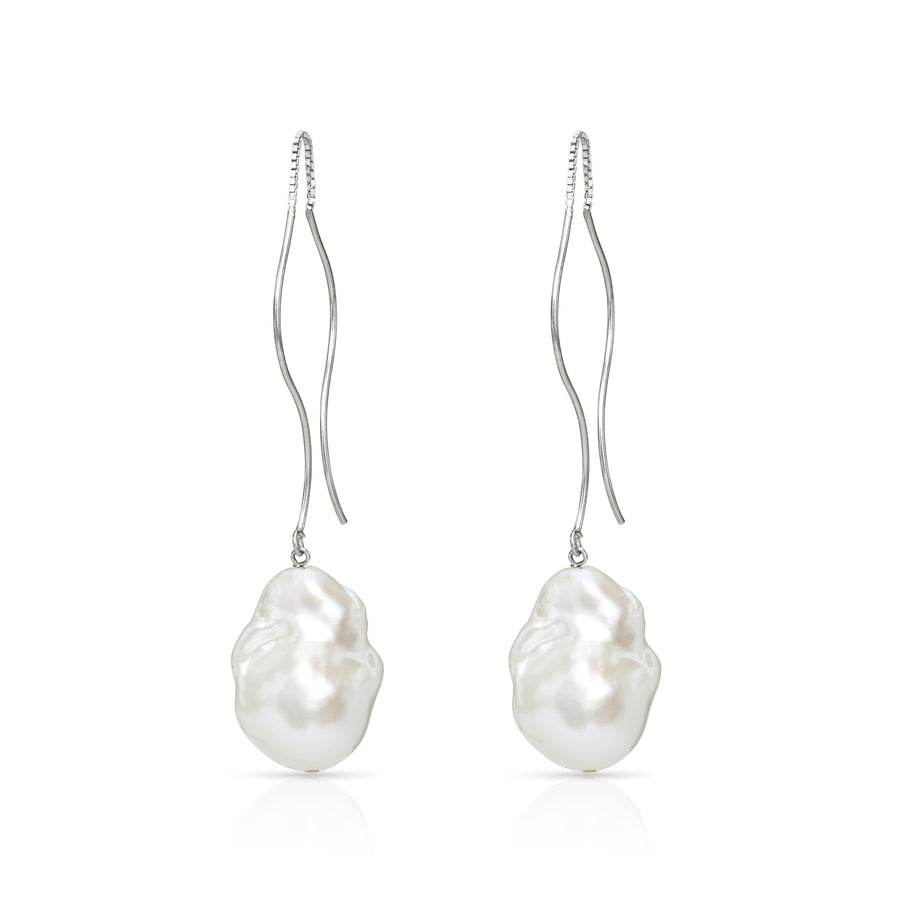 Waves Large White Baroque Freshwater Pearl Threader Earrings In Sterling Silver