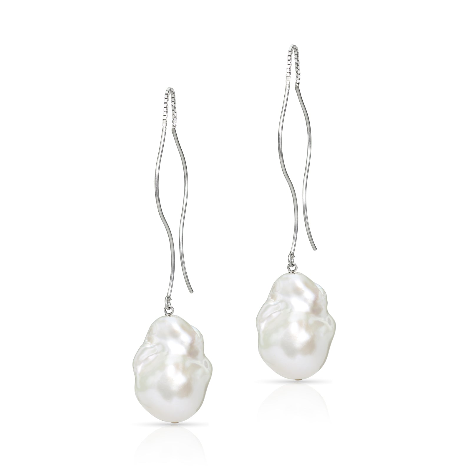 Waves Large White Baroque Freshwater Pearl Threader Earrings In Sterling Silver