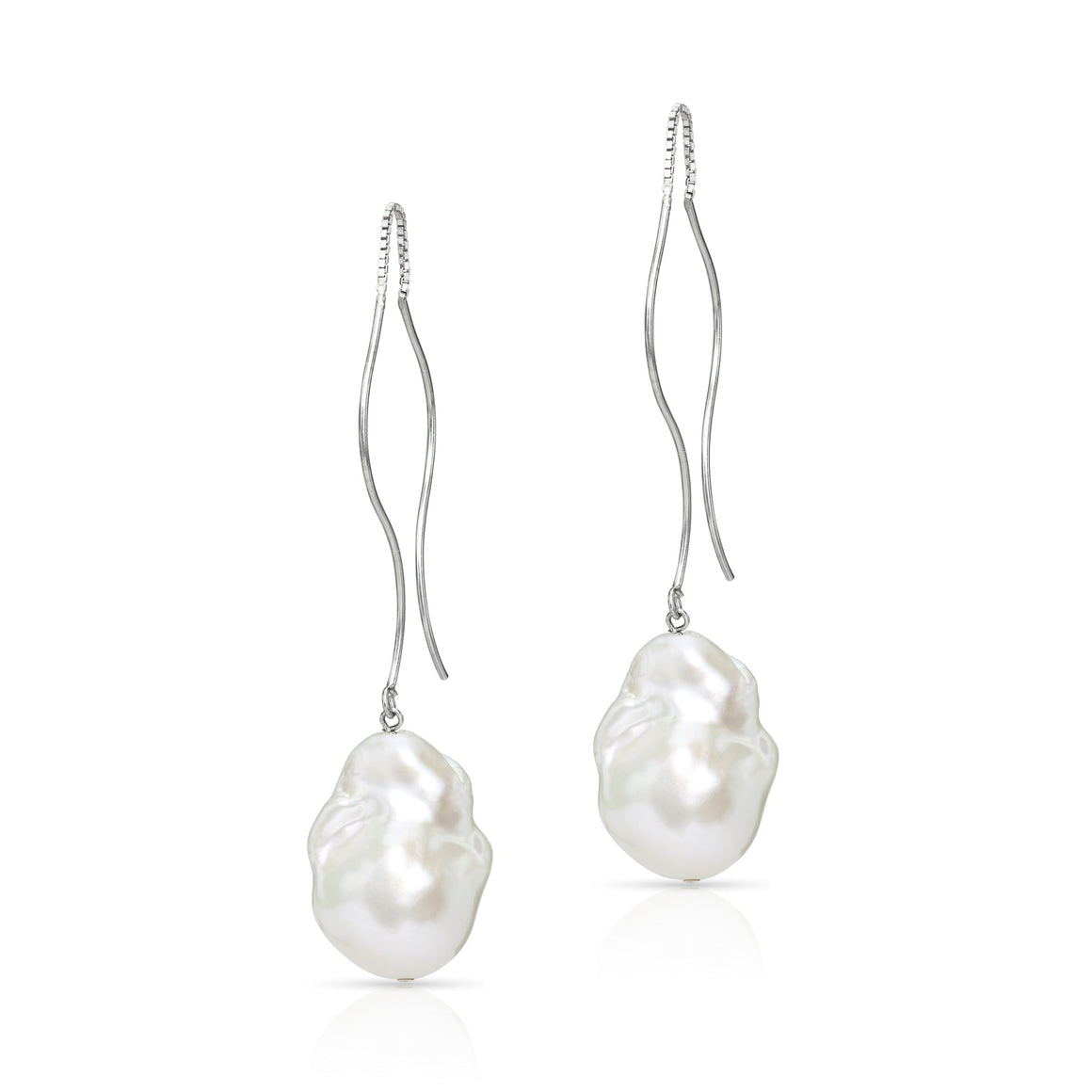Waves Large White Baroque Freshwater Pearl Threader Earrings In Sterling Silver