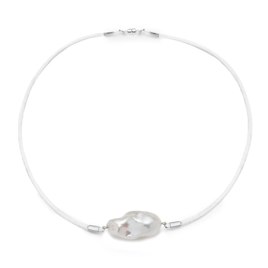 Baroque Freshwater Pearl & Satin Choker Necklace - Silver