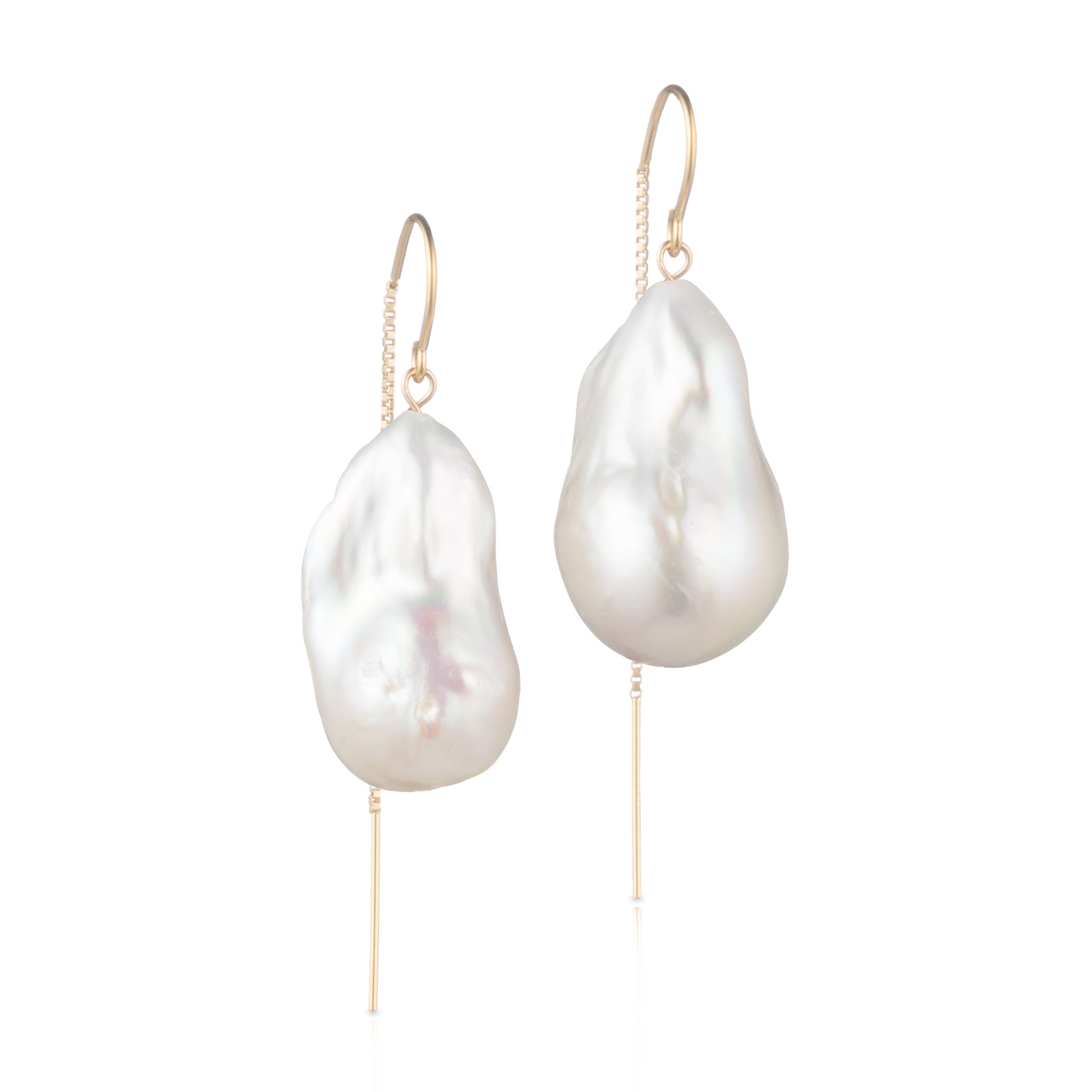 Large Baroque Freshwater Pearl Drop Threader Earrings In Solid 14K Yellow Gold