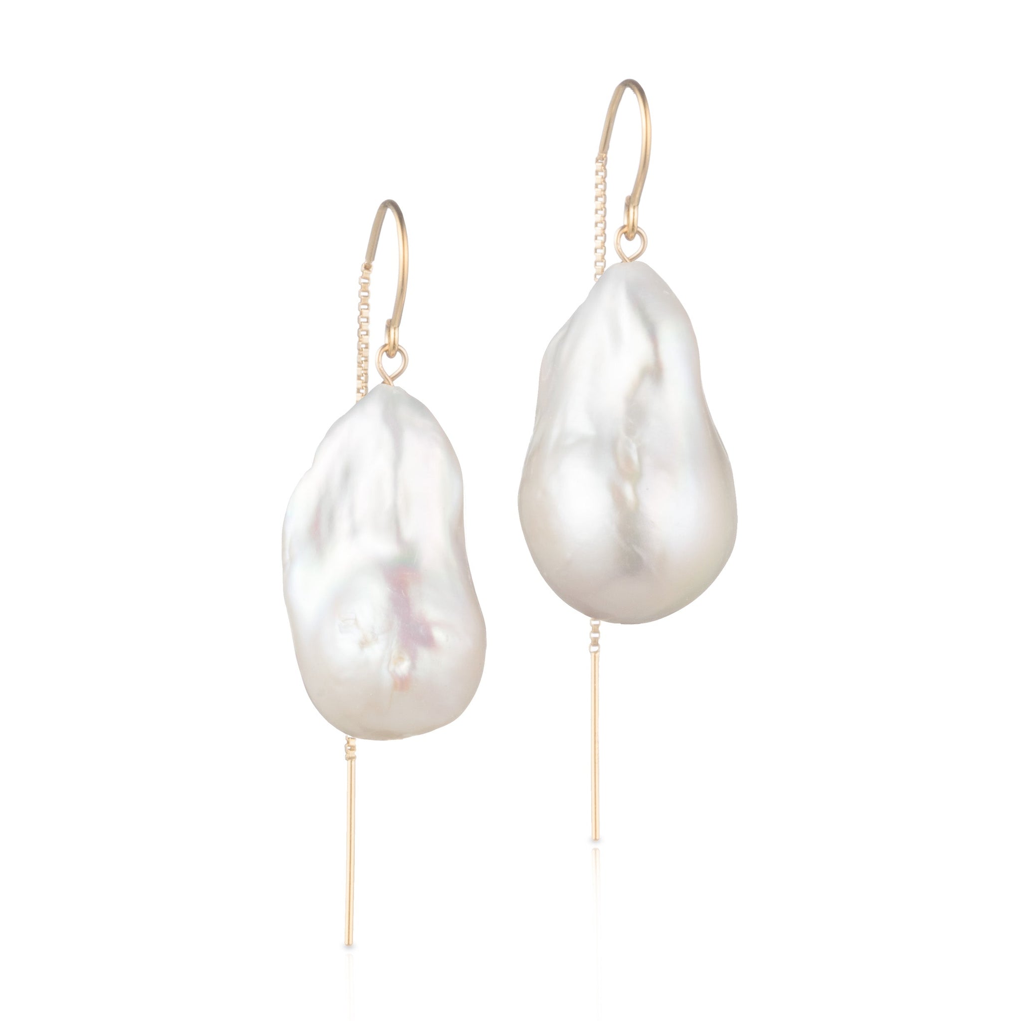 Large White Baroque Freshwater Pearl Drop Threader Earrings In 14K Yellow Gold-Filled