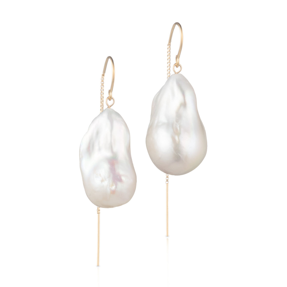Large White Baroque Freshwater Pearl Drop Threader Earrings In 14K Yellow Gold-Filled