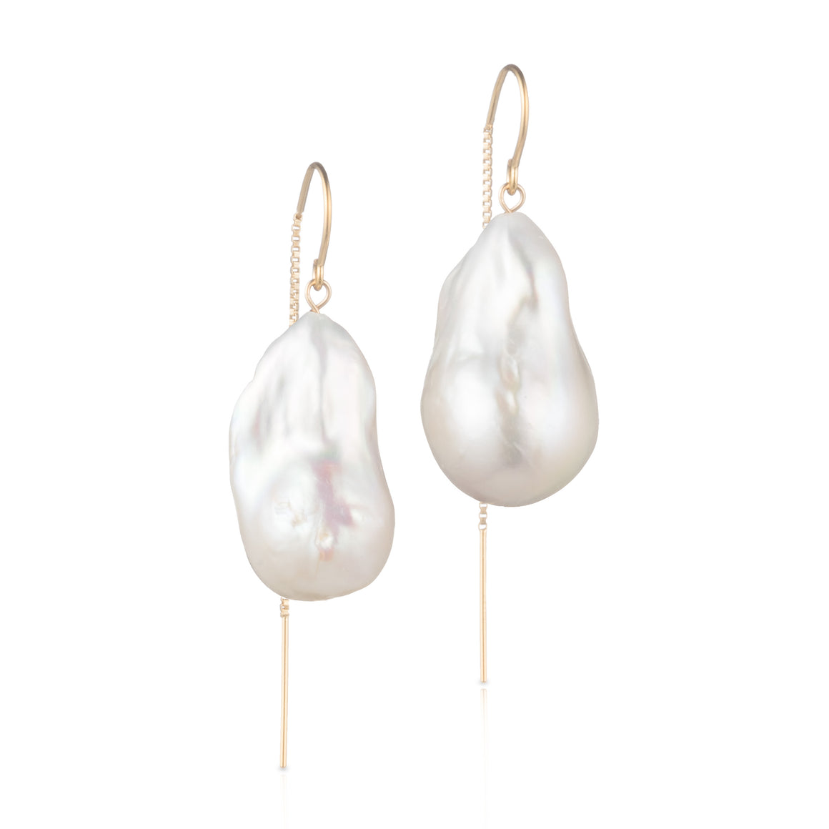 Large Baroque Freshwater Pearl Drop Threader Earrings In Solid 14K Yellow Gold