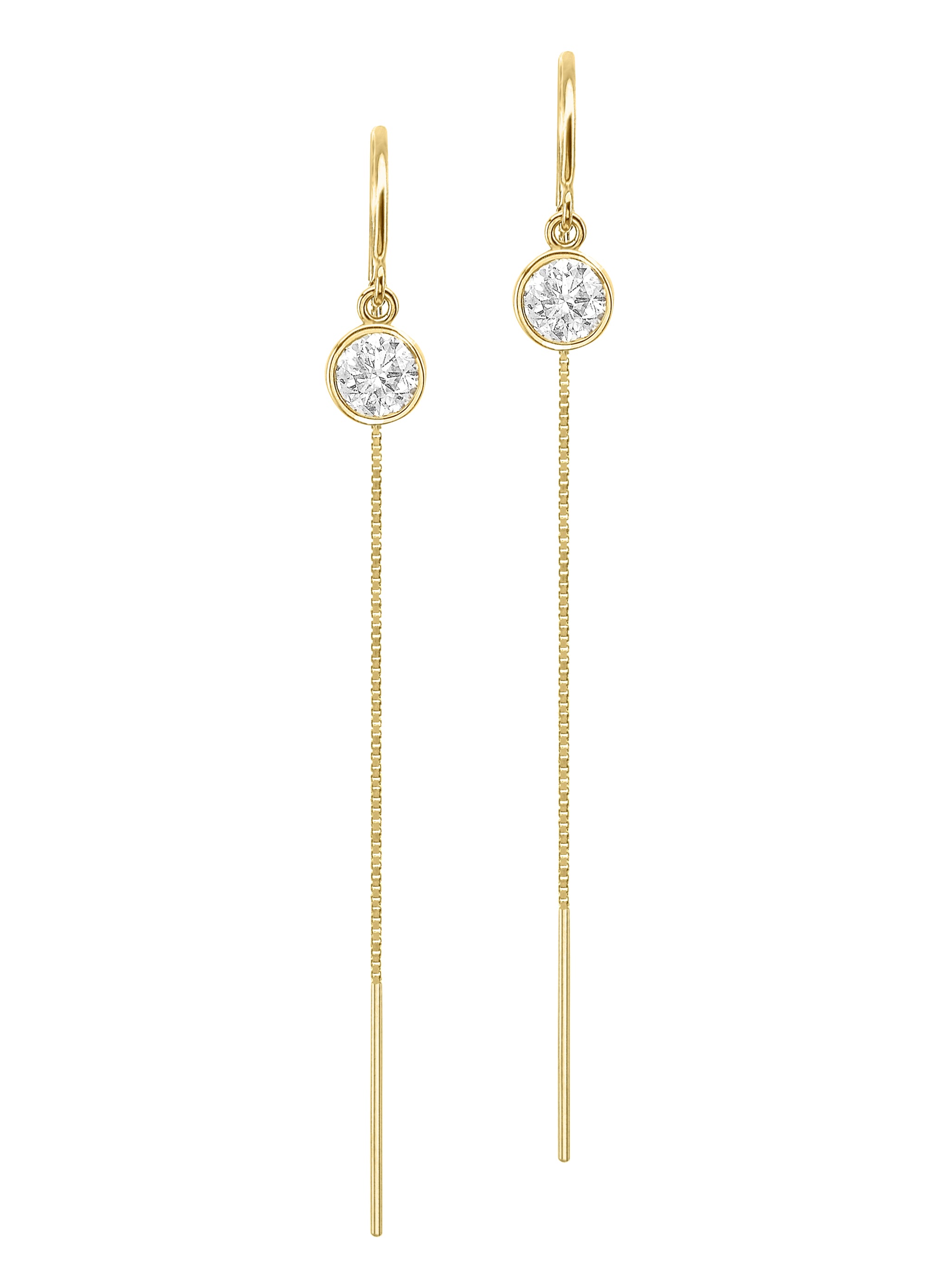 14K Yellow Gold Natural Diamond Bezel Box Chain Threader Drop Earrings