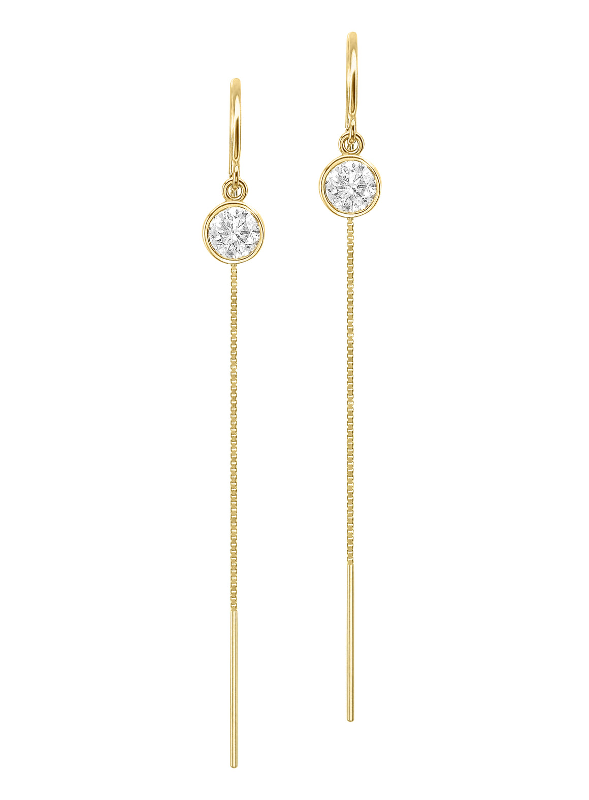 14K Yellow Gold Natural Diamond Bezel Box Chain Threader Drop Earrings