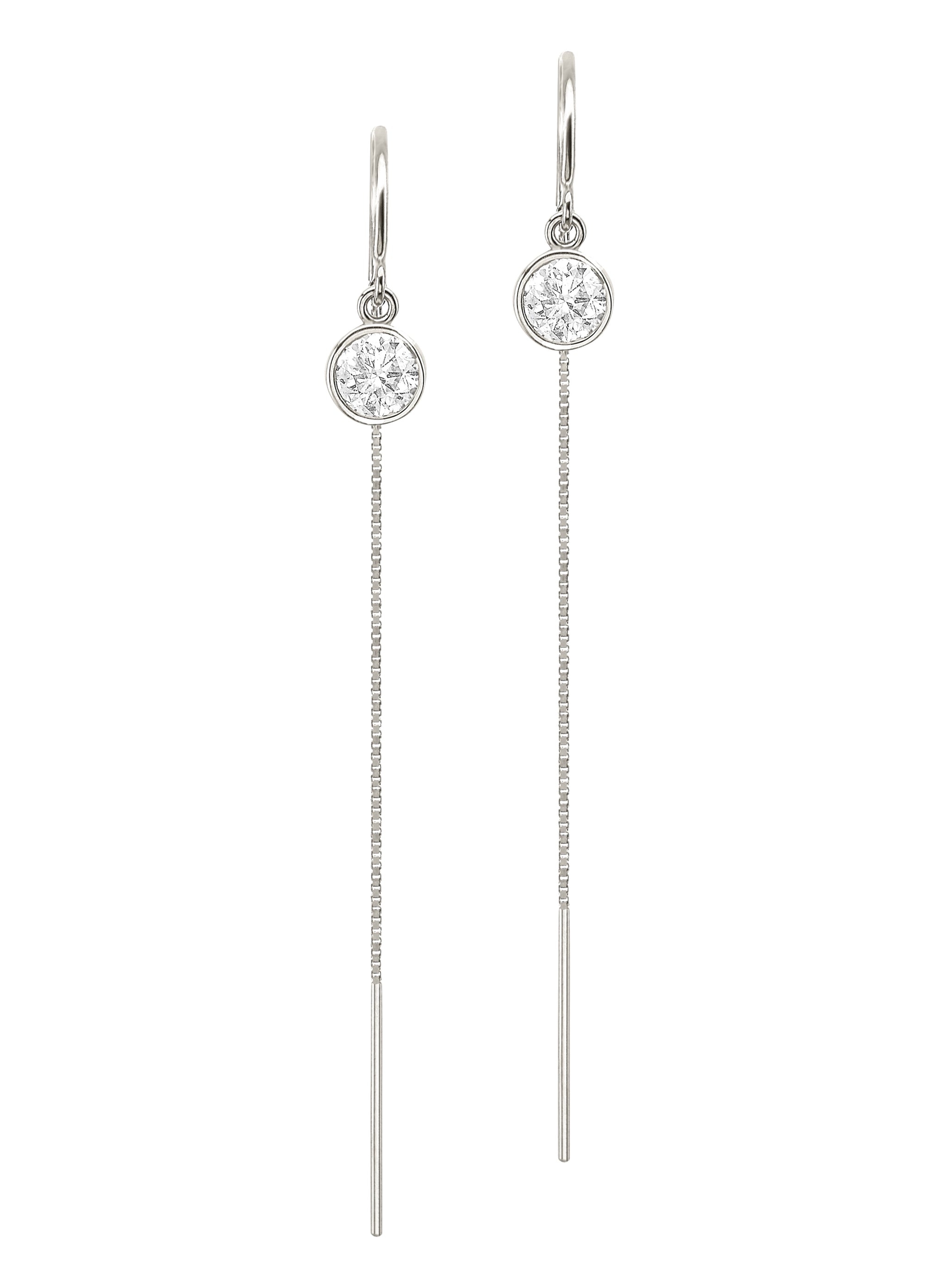 14K Yellow Gold Natural Diamond Bezel Box Chain Threader Drop Earrings
