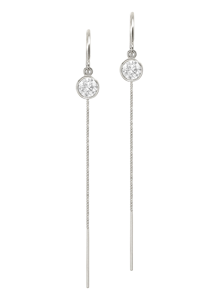 14K Yellow Gold Natural Diamond Bezel Box Chain Threader Drop Earrings