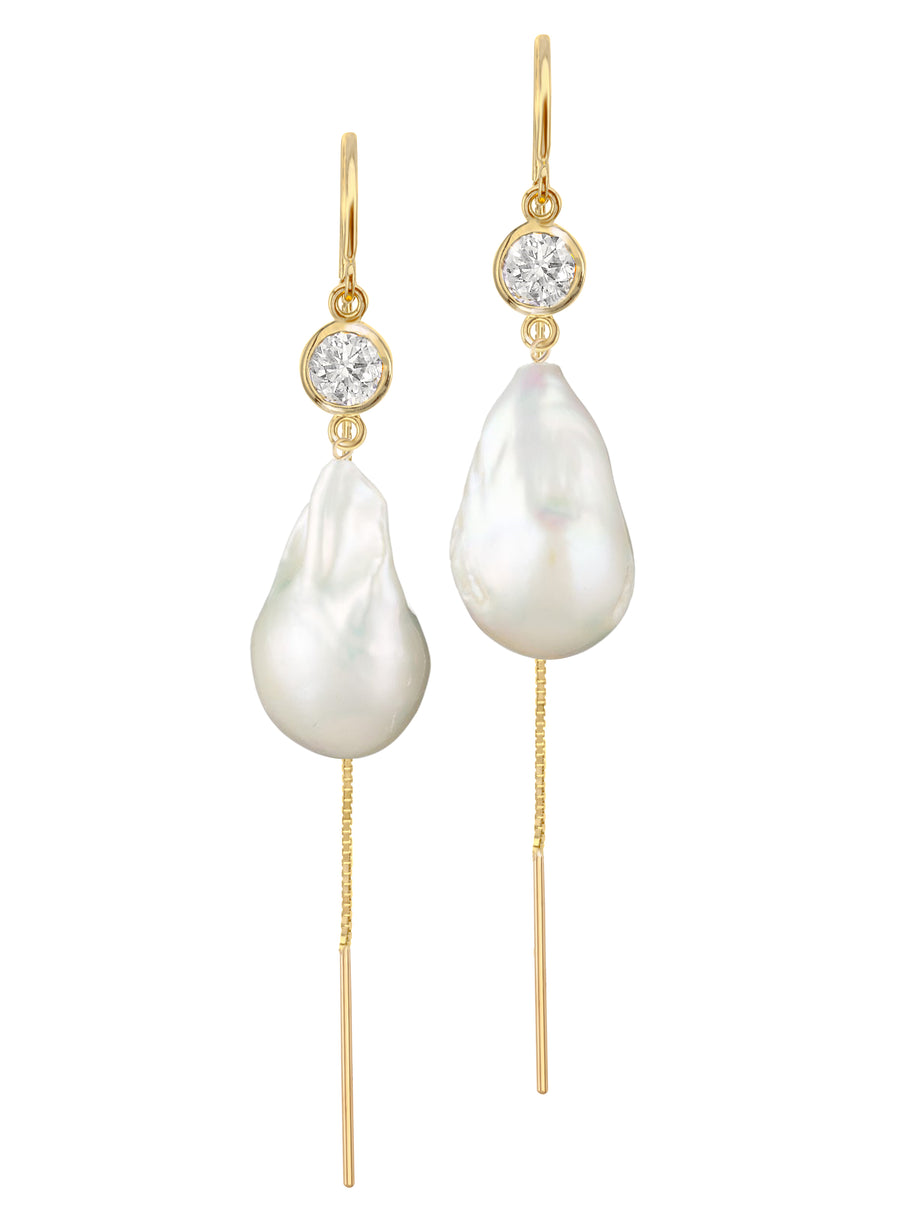 Jean Joaillerie Signature Diamond And Large Baroque Freshwater Pearl Drop Cable Chain Bridal Earrings In Sterling Silver