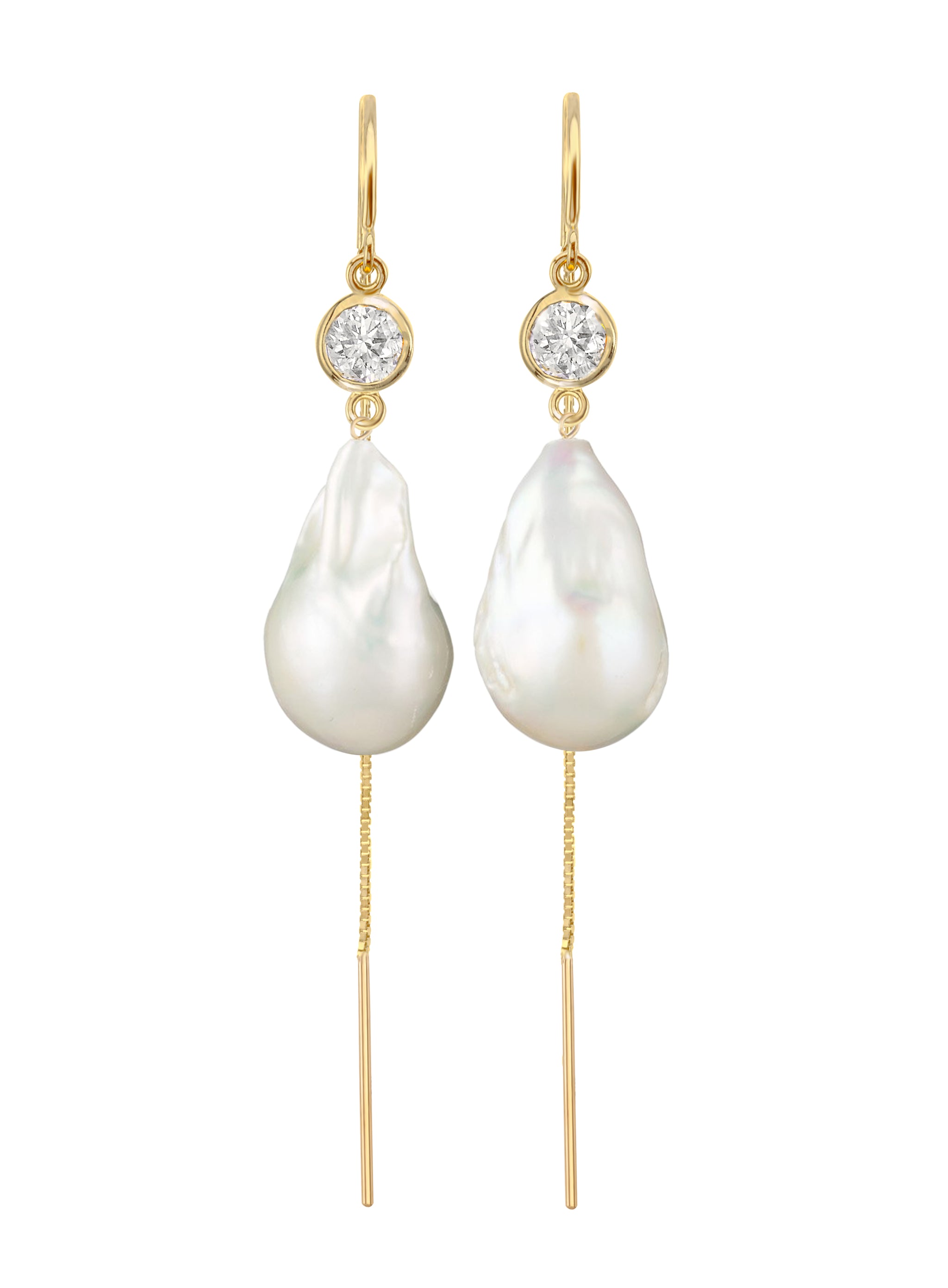 Jean Joaillerie Signature Diamond And Large Baroque Freshwater Pearl Drop Box Chain Bridal Earrings In 14K White Gold