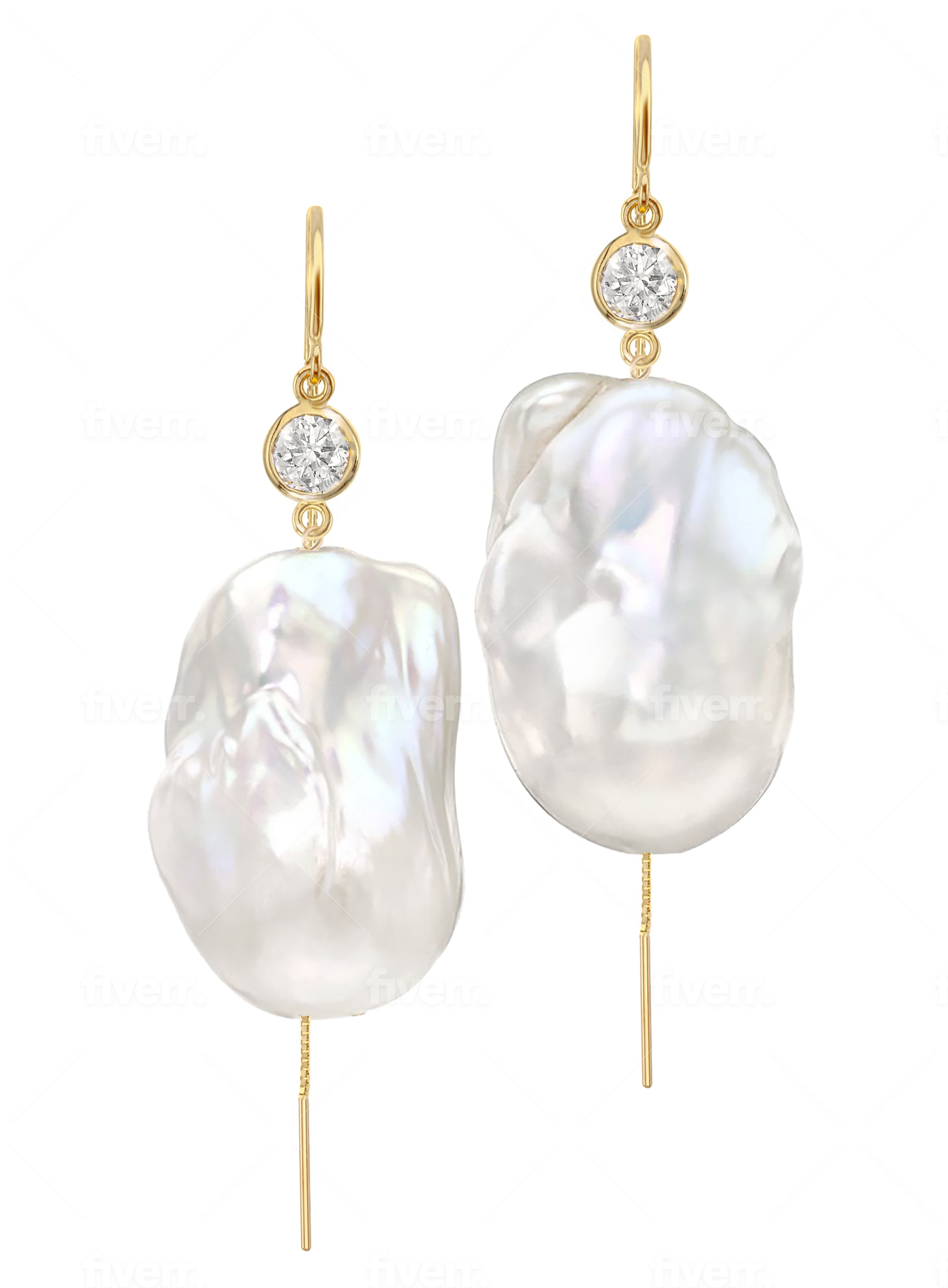 Jean Joaillerie Signature Diamond And XXL Large Baroque Freshwater Pearl Drop Bridal Earrings In 14K White Gold