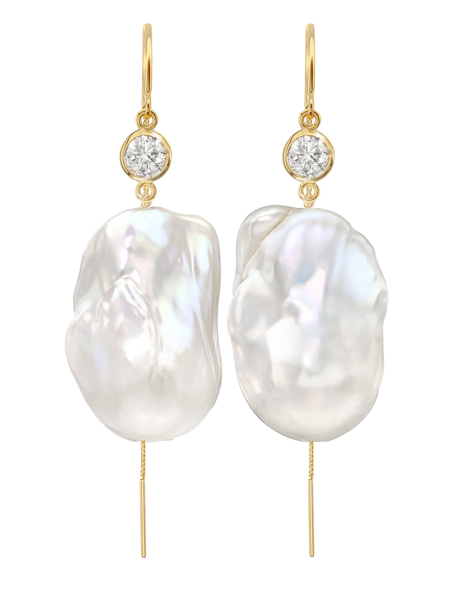 Jean Joaillerie Signature Diamond And XXL Large Baroque Freshwater Pearl Drop Bridal Earrings In 14K Yellow Gold