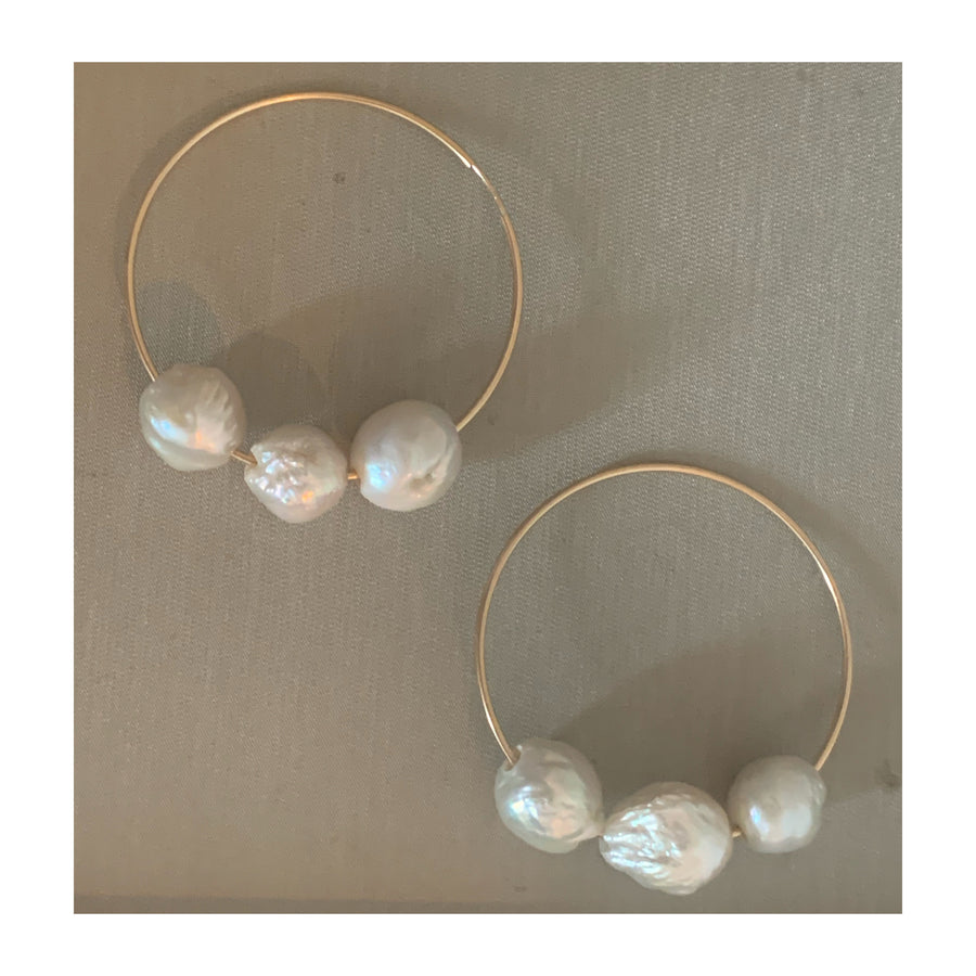 White Floating Pearl 50mm 14K Gold Filled Hoop Earrings
