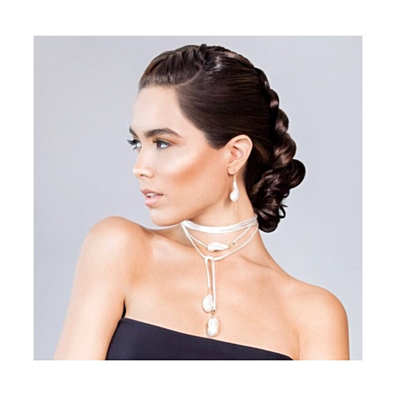 Baroque Freshwater Pearl & Satin Wrap Necklace - Silver