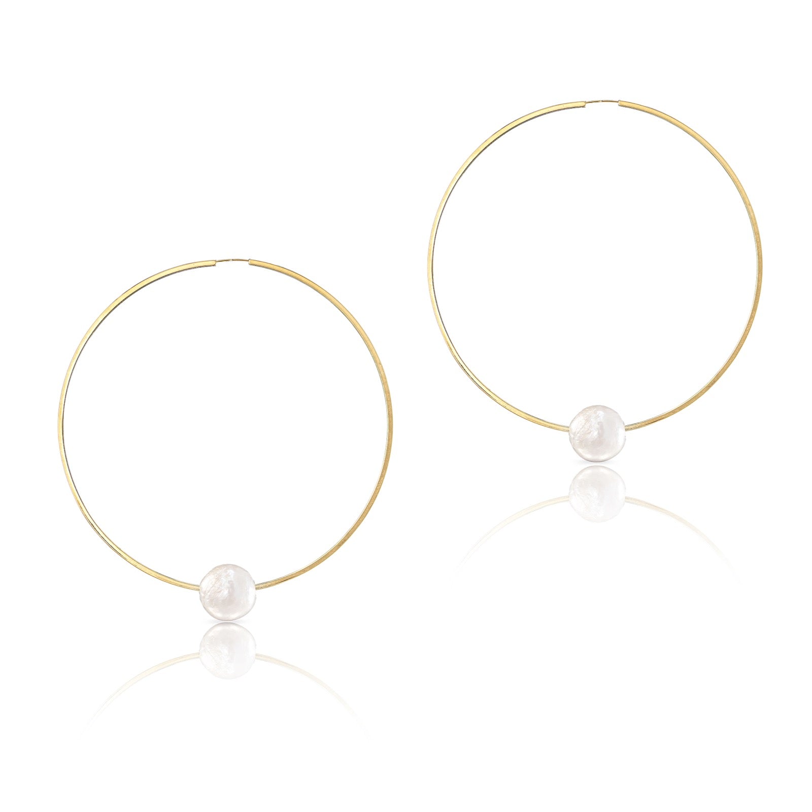 XXL 14K Yellow Gold Floating Pearl Geometric Hoop Earrings