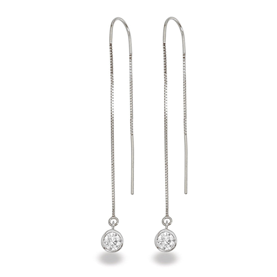 14k White Gold Lab-Grown Diamond Bezel Box Chain Threader Earrings