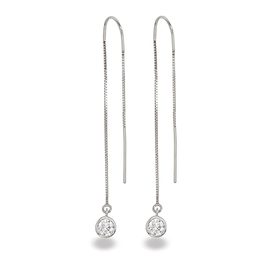 14K White Gold Natural Diamond Bezel Box Chain Threader Earrings