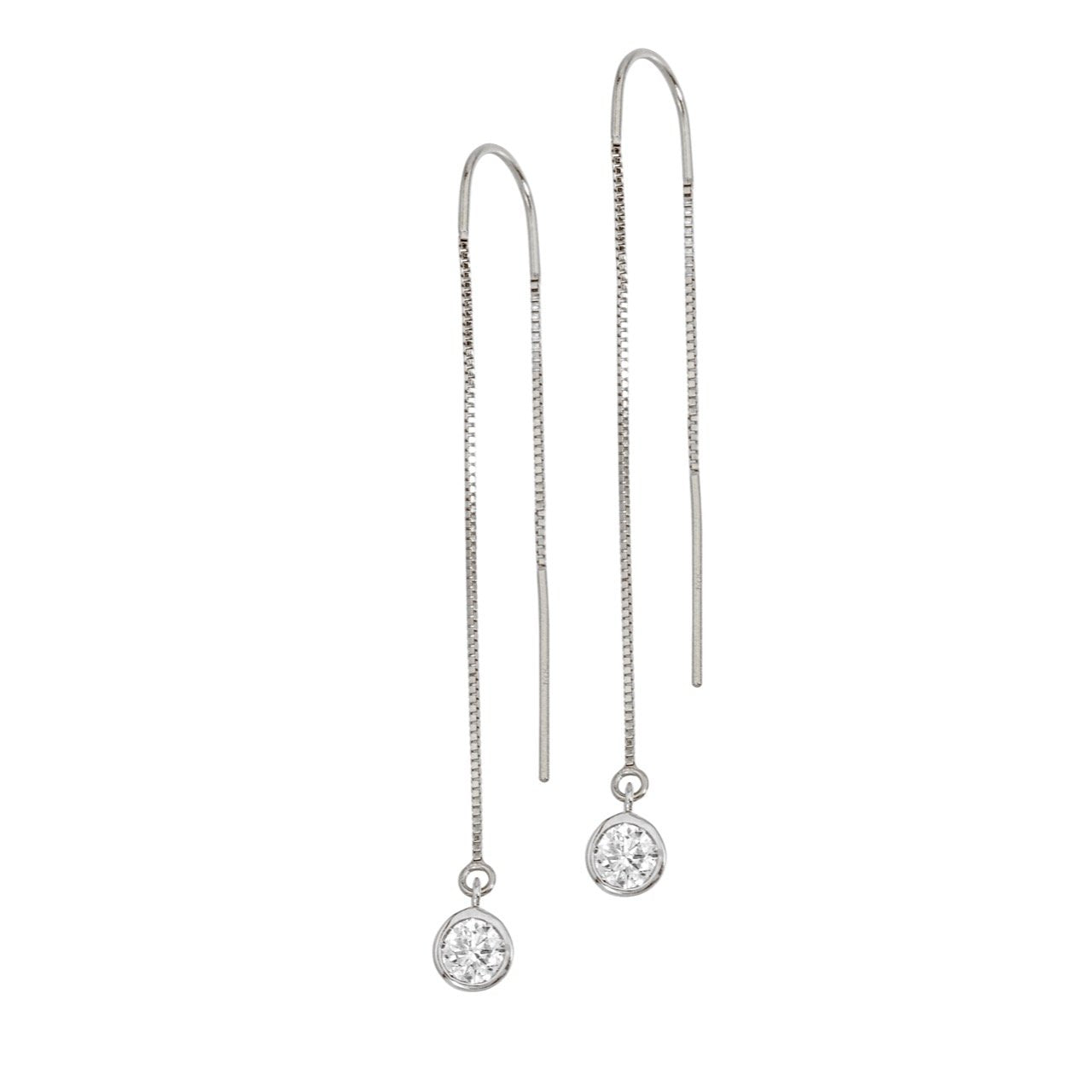 14k White Gold Lab-Grown Diamond Bezel Box Chain Threader Earrings