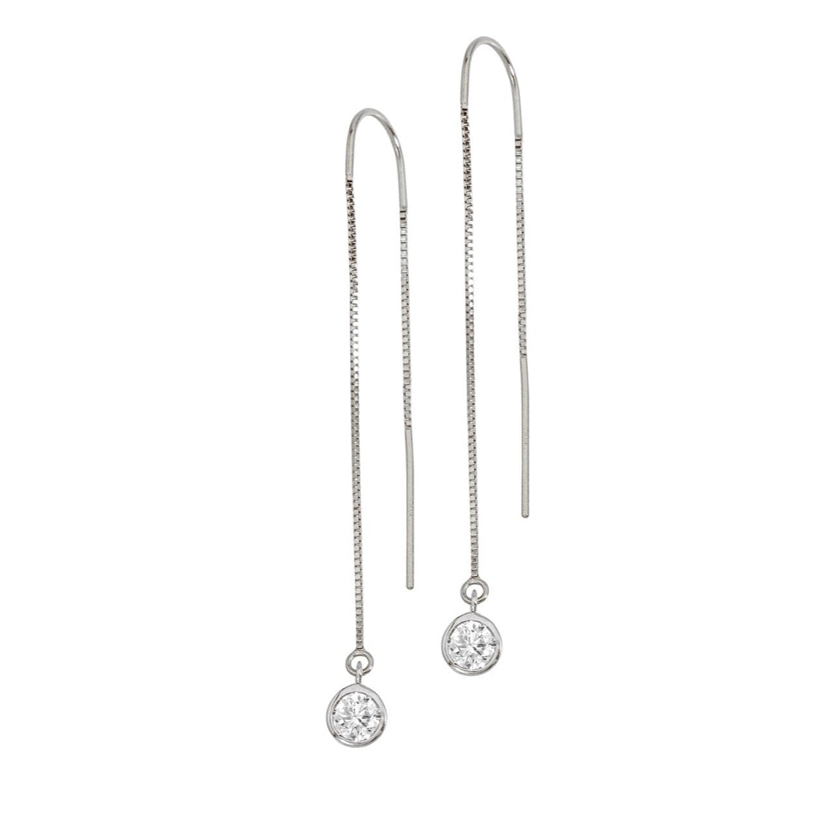 14k White Gold Lab-Grown Diamond Bezel Box Chain Threader Earrings